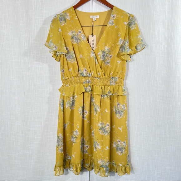 Gilli‎ NWT Floral Ruffle Hem Lined Smocked Waist Flutter Sleeve Dress Sz M - Picture 1 of 11